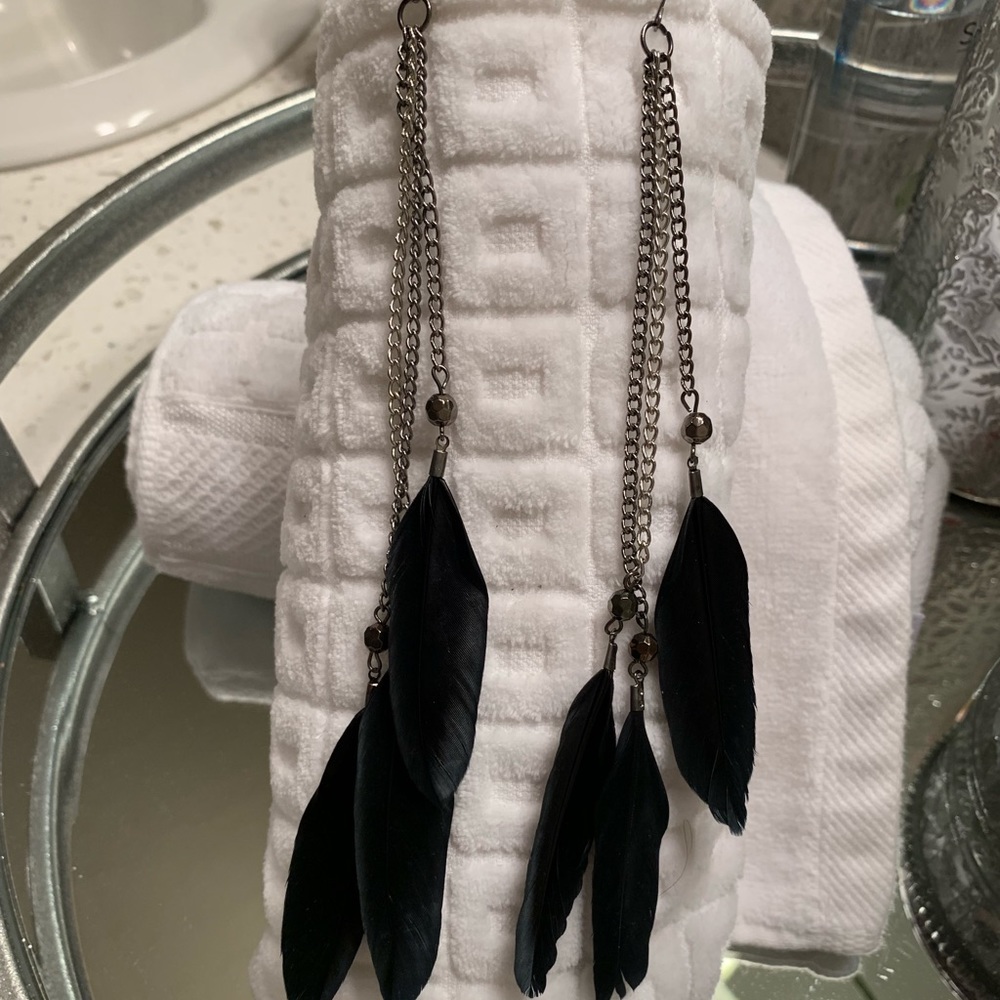 Black feather drop earrings with chains